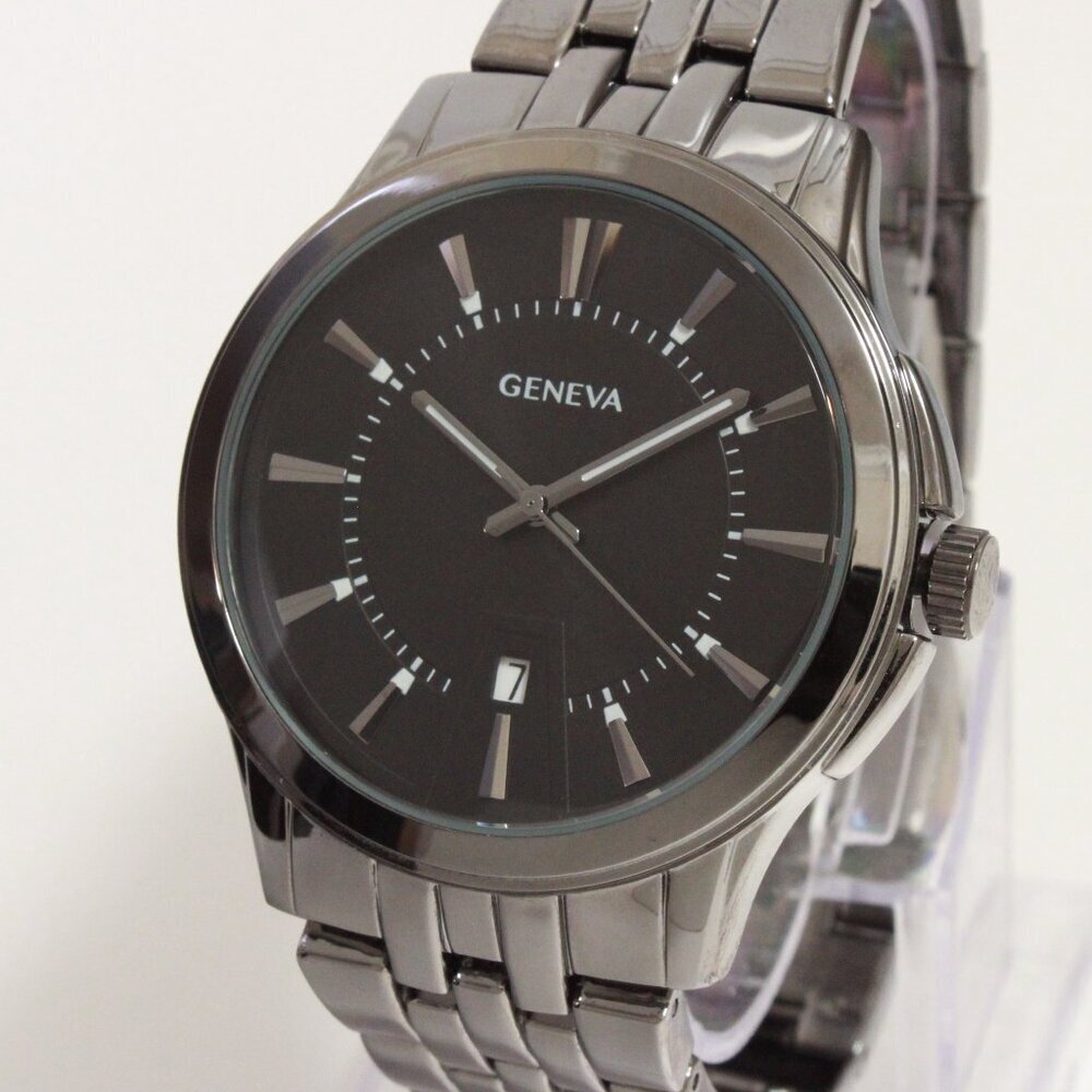 Geneva Men's Casual Quartz Watch Raised Indices GunMetal Finish 42mm